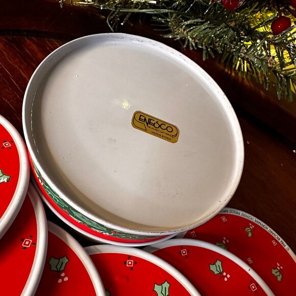 Vintage Enesco Christmas Coaster Set with Tin Holder Retro Holiday Drinkware - Picture 5 of 6